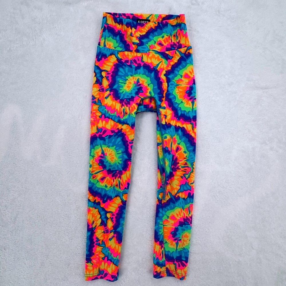 K-Deer Kids XS Tie Dye Leggings Neon Rainbow High Waisted Activewear Made in USA